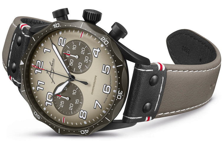 Junghans Meister Pilot Chronoscope Desert Watch with brown dial, leather strap, steel case
