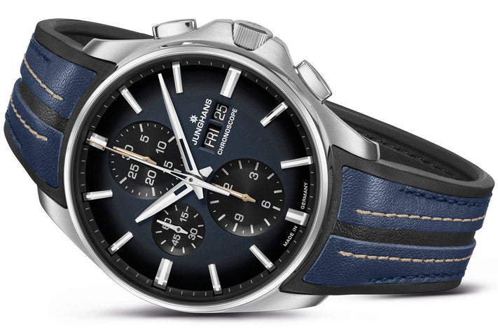 Junghans Meister S Chronoscope Watch with blue dial, rubber strap, steel case