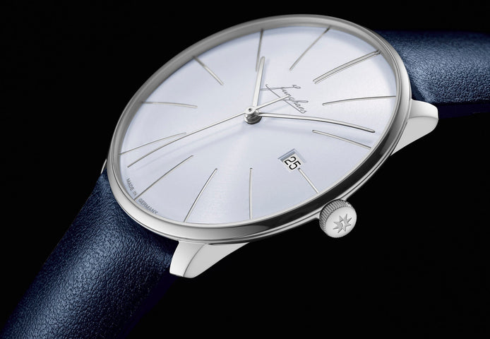 Junghans Meister Fein Automatic Signatur Watch with blue dial, leather strap, steel case