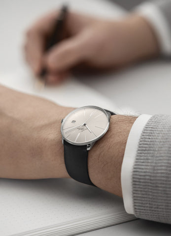 Junghans Meister Fein Automatic Signatur Watch with grey dial, leather strap, steel case