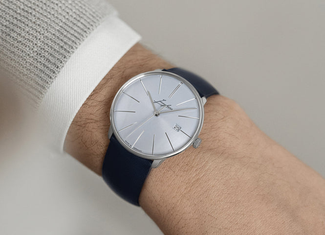 Junghans Meister Fein Automatic Signatur Watch with blue dial, leather strap, steel case