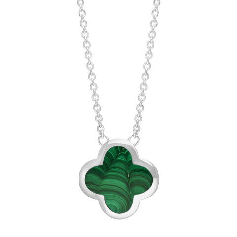 18ct White Gold Malachite Bloom Large Four Leaf Clover Polished Edge Pendant