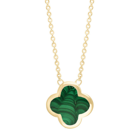 18ct Yellow Gold Malachite Bloom Large Four Leaf Clover Polished Edge Pendant