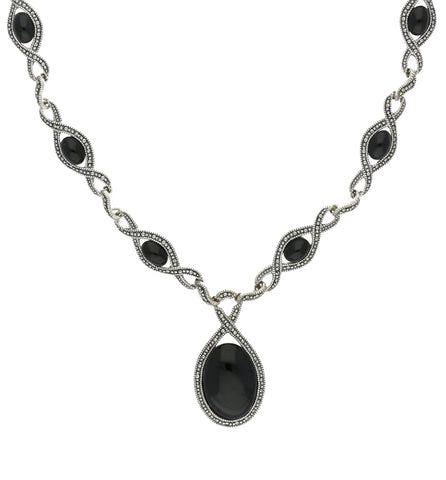 Sterling Silver Whitby Jet Marcasite Thirteen Stone Twist Link Necklace