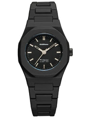 A black analog wristwatch with a matching black metal link bracelet, featuring a black dial with silver-tone hands and indices, and the brand name 'D&Milano' printed on the dial.
