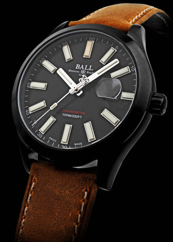 Ball Watch Company Engineer II Green Berets Watch with black dial, leather strap, titanium case