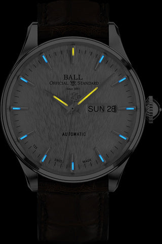 Ball Watch Company Trainmaster Eternity Watch with silver dial, crocodile strap, steel case