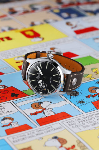 Ball Watch Company Ball Limited Edition Engineer Master II Snoopy Flying Ace with black dial, leather strap, steel case
