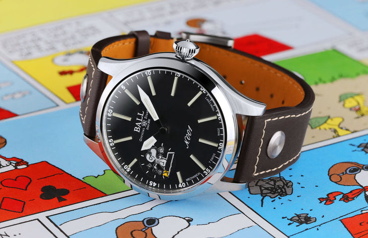 Ball Watch Company Ball Limited Edition Engineer Master II Snoopy Flying Ace with black dial, leather strap, steel case