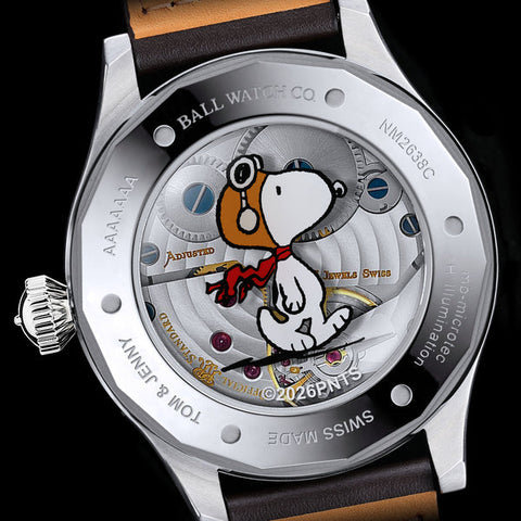 Ball Watch Company Ball Limited Edition Engineer Master II Snoopy Flying Ace with black dial, leather strap, steel case