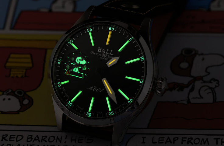 Ball Watch Company Ball Limited Edition Engineer Master II Snoopy Flying Ace with black dial, leather strap, steel case