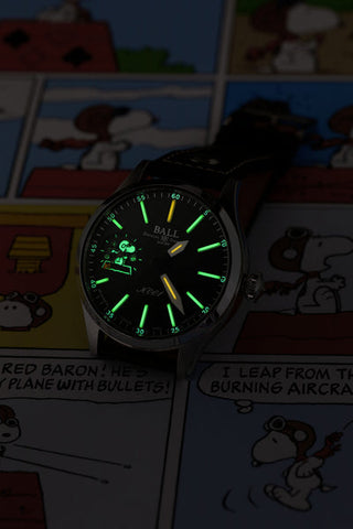 Ball Watch Company Ball Limited Edition Engineer Master II Snoopy Flying Ace with black dial, leather strap, steel case