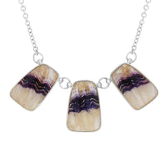 Sterling Silver Blue John Three Stone Abstract Oval Unique Chain Necklace