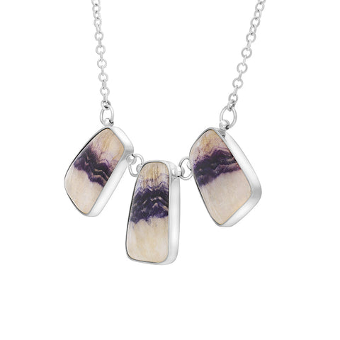 Sterling Silver Blue John Three Stone Abstract Oval Unique Chain Necklace