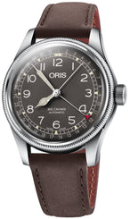 Oris Big Crown Pointer Date Watch with black dial, leather strap, steel case