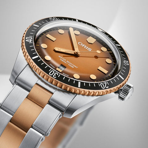 Oris Divers Sixty Five Bracelet Watch with gold dial, steel bracelet, steel case