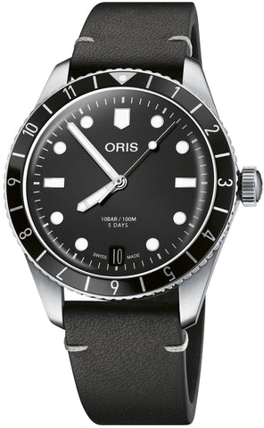 Oris Divers Sixty Five 12H Calibre 400 Watch with black dial, leather strap, steel case