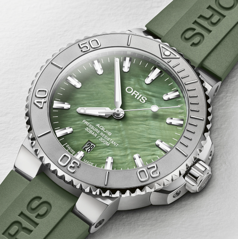 Oris Aquis New York Harbor Limited Edition Watch with green dial, rubber strap, steel case