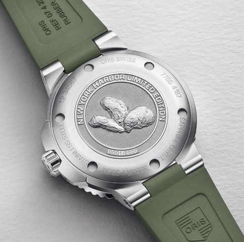 Oris Aquis New York Harbor Limited Edition Watch with green dial, rubber strap, steel case
