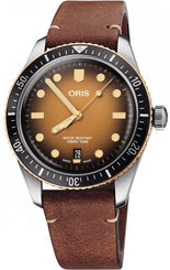 Oris Divers Sixty Five Leather Watch with gold dial, leather strap, steel case