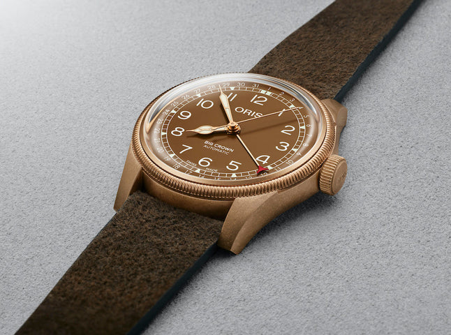 Oris Big Crown Pointer Date Bronze Watch with brown dial, leather strap
