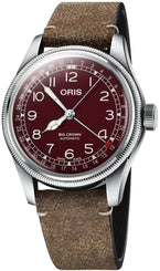 Oris Big Crown Pointer Date Watch with red dial, leather strap, steel case
