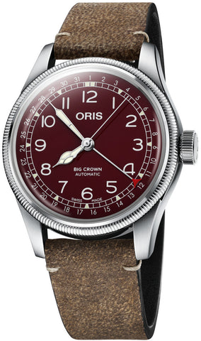 Oris Big Crown Pointer Date Watch with red dial, leather strap, steel case