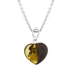 Sterling Silver Amber & Wood Heart Pendant