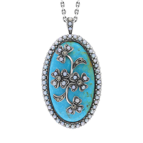 Sterling Silver Pearl and Turquoise Flower Back Large Oval Pendant