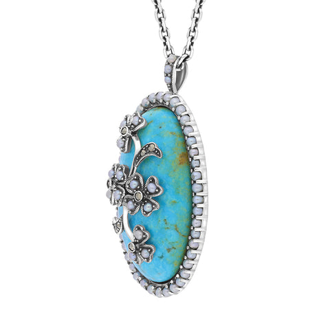Sterling Silver Pearl and Turquoise Flower Back Large Oval Pendant