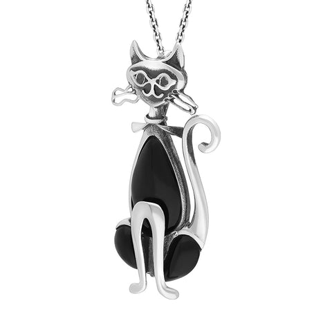 Sterling Silver Whitby Jet Sitting Cat Pendant
