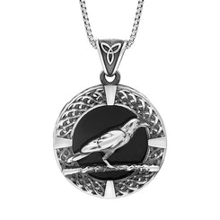 Sterling Silver Whitby Jet Round Celtic Raven Pendant