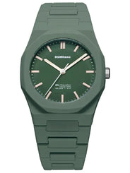 A D1 Milano analog watch with a matte green case and matching green link bracelet, featuring a dark green dial with beige indices and hands.