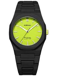 A D1Milano wristwatch with a matte black octagonal case and link bracelet, featuring a vibrant neon yellow-green dial with white hands and indices.