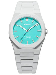 A D1Milano analog watch with a white octagonal case and a bright turquoise dial, shown against a plain white background.