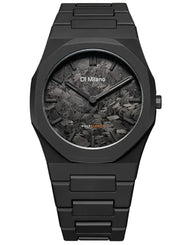 A black analog watch with a textured dark gray dial, black bezel, and a matching black link bracelet, shown against a plain white background.