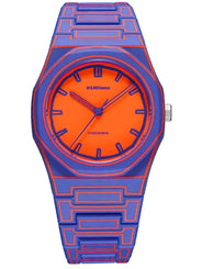 A D1Millano watch featuring a bold orange dial and a blue and orange geometric link bracelet, shown against a plain white background.