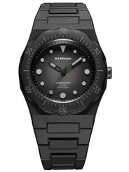 A black D1Milano Subacqueo wristwatch with a matching black metal link bracelet, black dial, and black bezel on a plain white background.