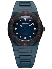 D1Milano Submariner watch with a dark blue dial, black bezel, and a dark blue metal link bracelet, featuring red minute markers on the bezel.