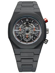 A dark gray and black skeleton chronograph watch with a matching link bracelet, featuring a red accent pusher button on the side.