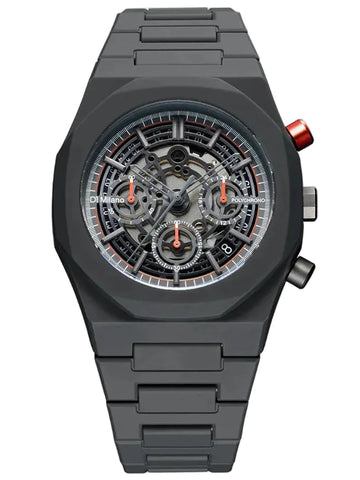 A dark gray and black skeleton chronograph watch with a matching link bracelet, featuring a red accent pusher button on the side.