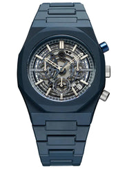 A dark blue titanium chronograph watch with a skeleton dial, featuring silver-tone hands and markers, on a plain white background.