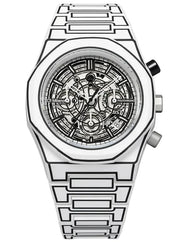 A silver-toned wristwatch with a geometric link bracelet and a complex skeleton dial, shown against a plain white background.