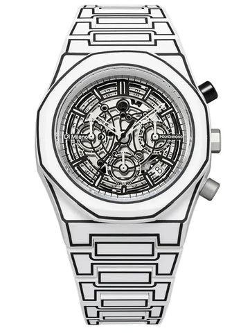 A silver-toned wristwatch with a geometric link bracelet and a complex skeleton dial, shown against a plain white background.