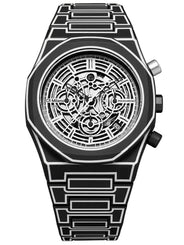 A black and white skeleton chronograph watch with a geometric link bracelet, featuring a detailed mechanical movement visible through the case and dial.