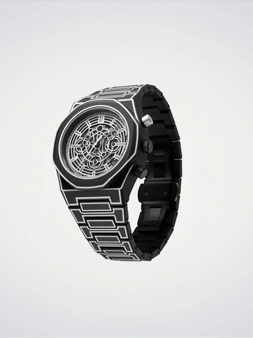 Black and white watch on a light gray background