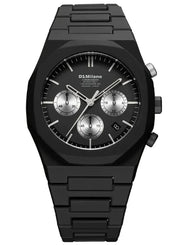 A D1 Milano analog chronograph watch with a black stainless steel case and link bracelet, featuring a black dial with silver sub-dials and hands.