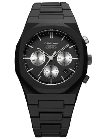 A D1 Milano analog chronograph watch with a black stainless steel case and link bracelet, featuring a black dial with silver sub-dials and hands.