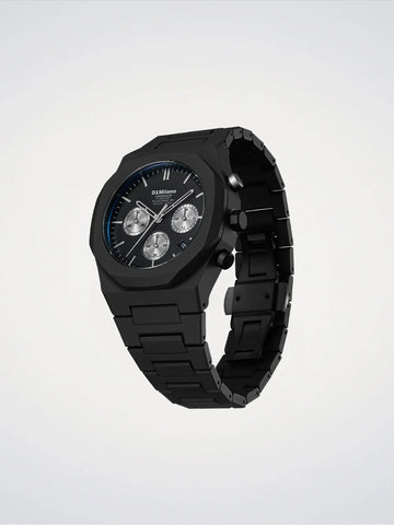 Black watch with a detailed face on a light gray background