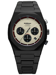A D1Milano chronograph watch with a black metal case and link bracelet, featuring a beige dial with black sub-dials and red accent lines.